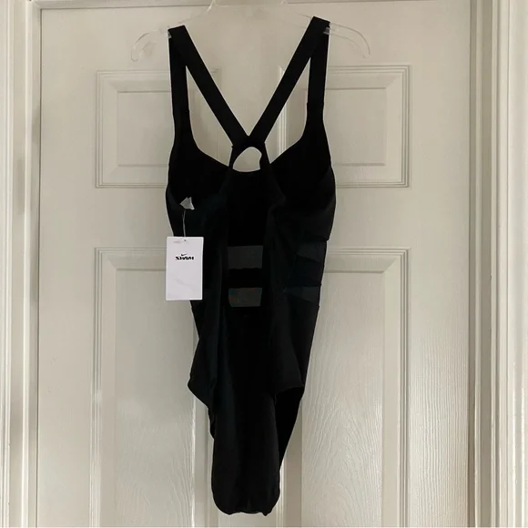 NIKE Mesh V-Back One Piece Swimsuit Black Large L NWT